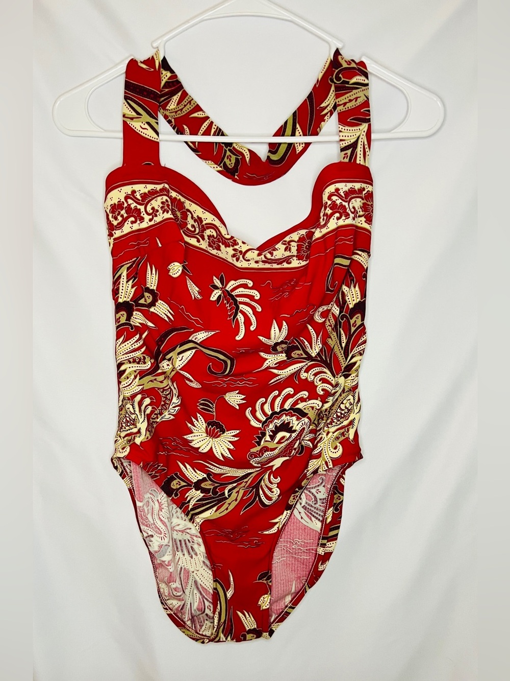 Jantzen One Piece Swimsuit Large Red Paisley Floral Skirted USA Made